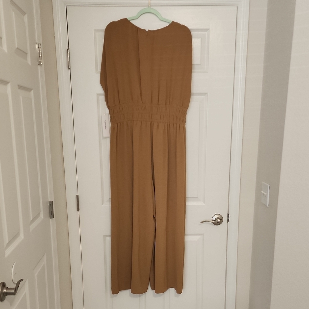 Calvin Klein Taupe V-Neck Long Sleeve Wide-Leg Jumpsuit - Picture 4 of 9